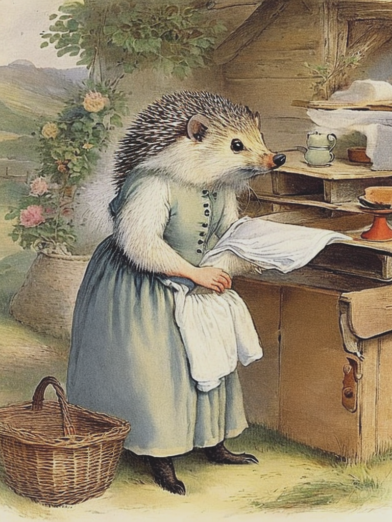 06111-2540593757-vintage illustration Beatrix Potter style of a mother hedgehog in a dress, ironing clothes in a cottage.png